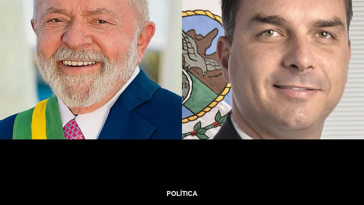 Banner com o nome da categoria Política sobre composição com fotos de Lula e Flávio Bolsonaro