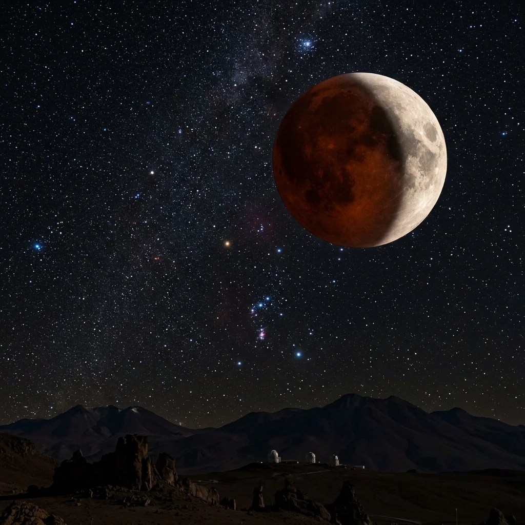 A lua parcialmente coberta por uma sombra escura e avermelhada brilhando intensamente no céu noturno límpido, capturando um eclipse lunar de grande beleza