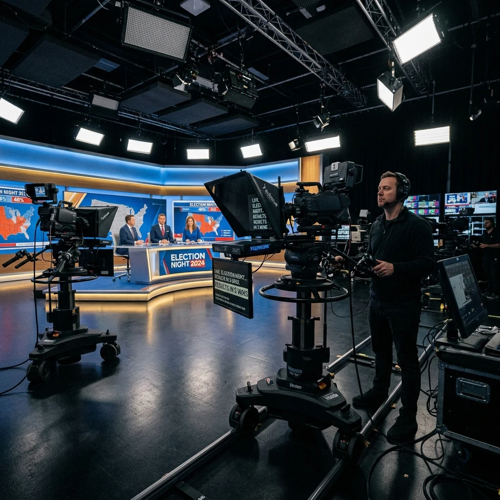 Um estúdio de telejornalismo moderno e iluminado com câmeras de vídeo e refletores profissionais prontos para gravação em ângulo de perspectiva