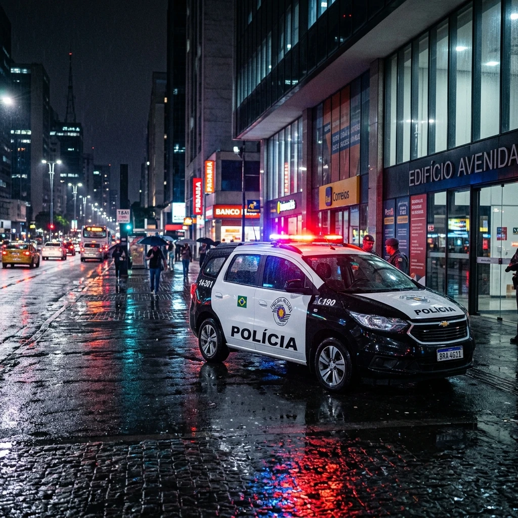 Viatura policial estacionada à noite em rua de cidade com luzes vermelhas e azuis refletindo realisticamente na fachada de prédios modernos