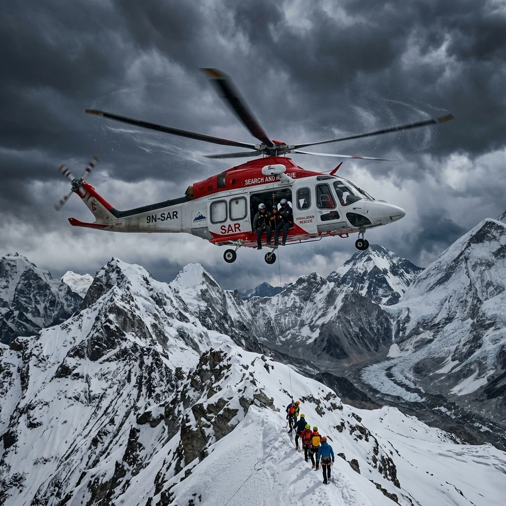Helicóptero de busca e salvamento sobrevoando encostas íngremes e cobertas de neve nos Himalaias sob céu tempestuoso, retrato realista e dinâmico de resgate de montanha