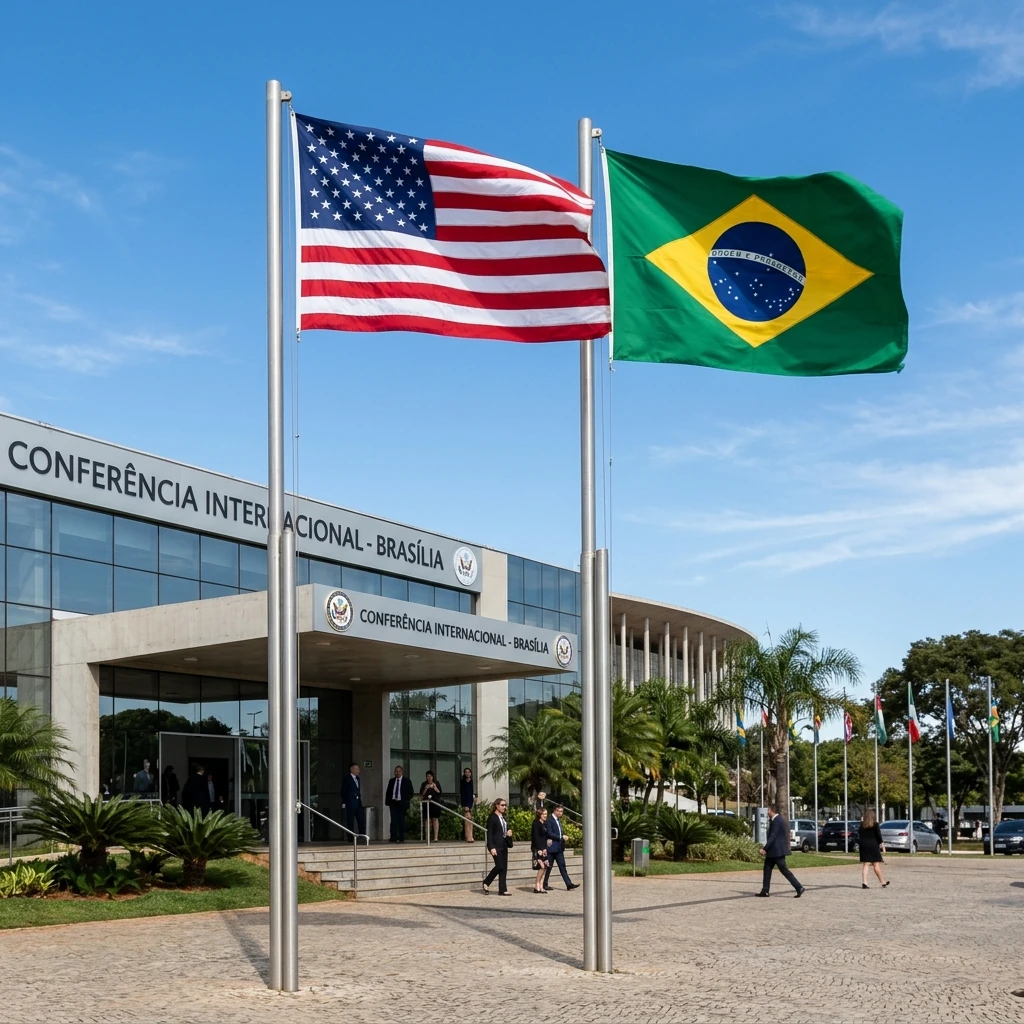 Bandeiras do Brasil e dos Estados Unidos hasteadas lado a lado em mastros em frente a um edifício de conferências diplomáticas modernas