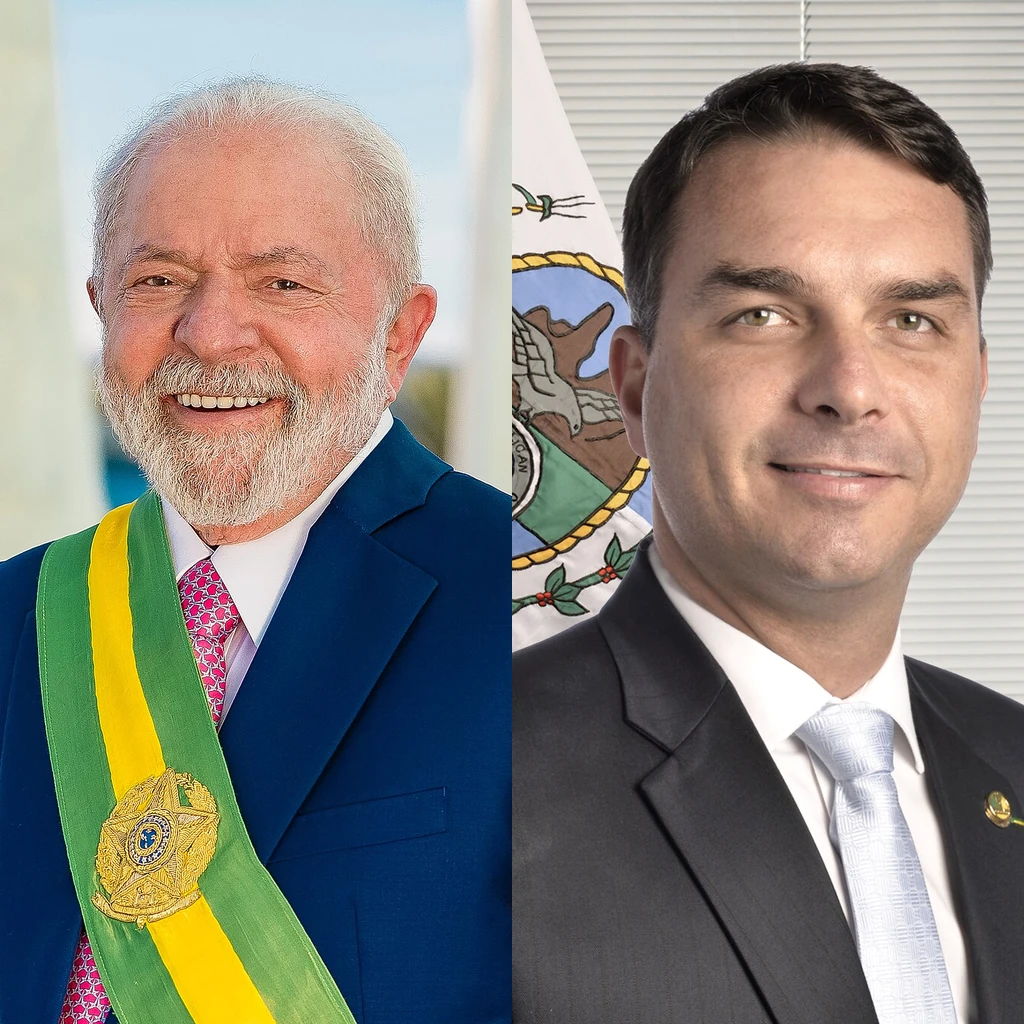 Lula e Flávio Bolsonaro em fotos oficiais lado a lado, cenário do segundo turno da pesquisa Quaest de 2026