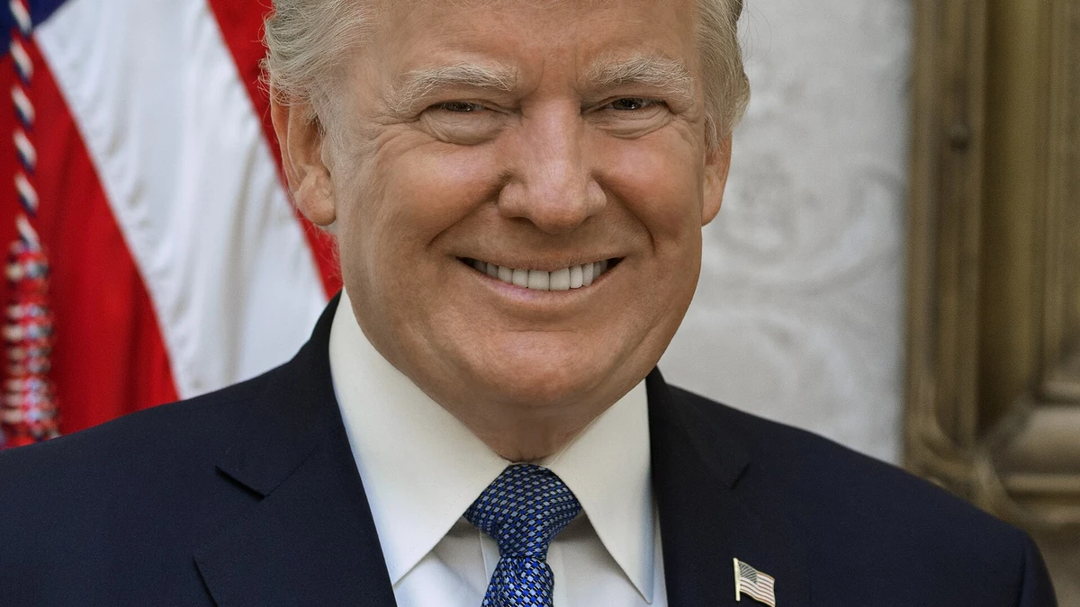 Retrato oficial do presidente dos Estados Unidos Donald Trump vestindo terno e gravata, tema da operação secreta que trocou seu avião na Turquia por ameaça de mísseis iranianos