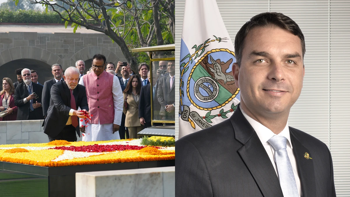 O presidente Luiz Inácio Lula da Silva e o senador Flávio Bolsonaro, líderes das pesquisas para presidente nas eleições de 2026